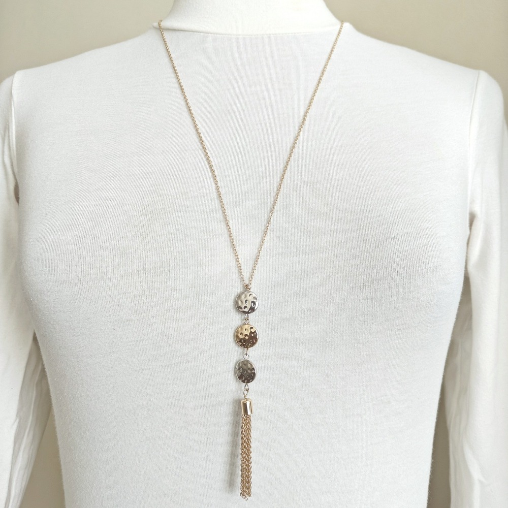 Banana Republic Factory Mixed Metal Hammered Disc Tassel Pendant Necklace NEW